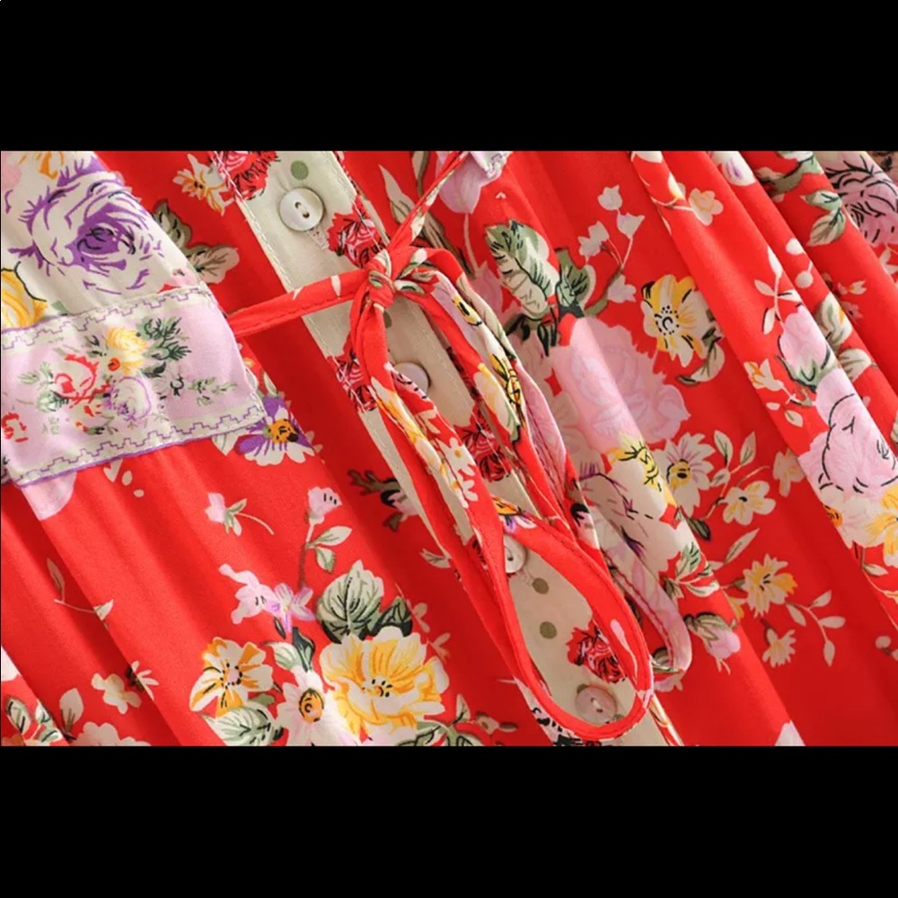 Red V Neck Boho Floral Gypsy Print Maxi Dress - Picture 5 of 16